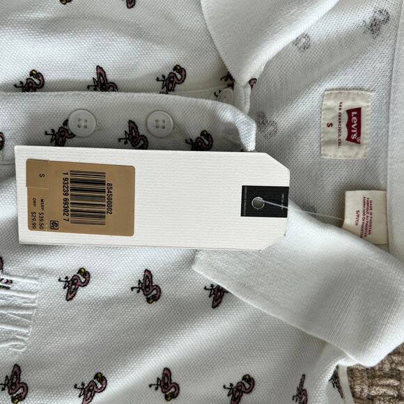 Levi's Cotton All Over Flamingo Print Chest Logo Polo Shirt Men S White/Pink NWT - Picture 6 of 9